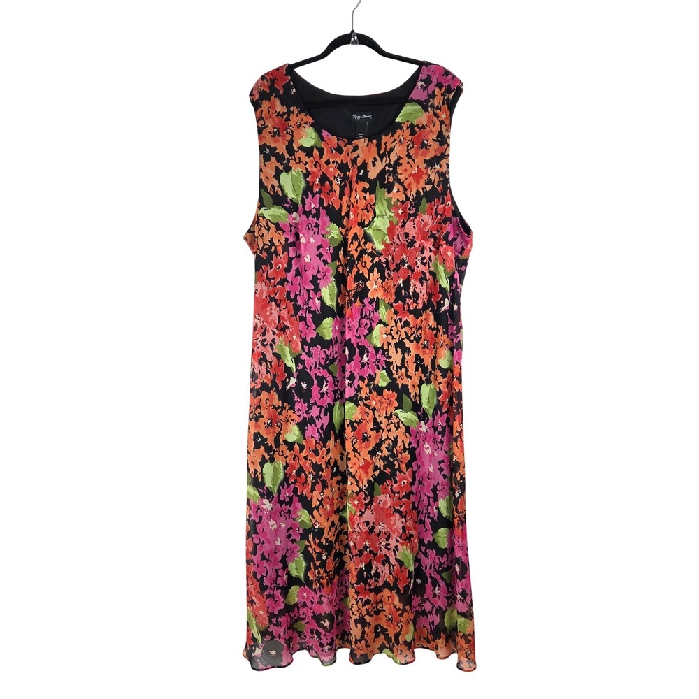 Maggie Barnes Floral Sleeveless Shift Maxi Dress 34W Black Pink Orange Chiffon